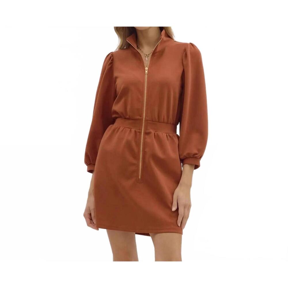 NEW STYLE USA solid puff sleeve mini dress in brown